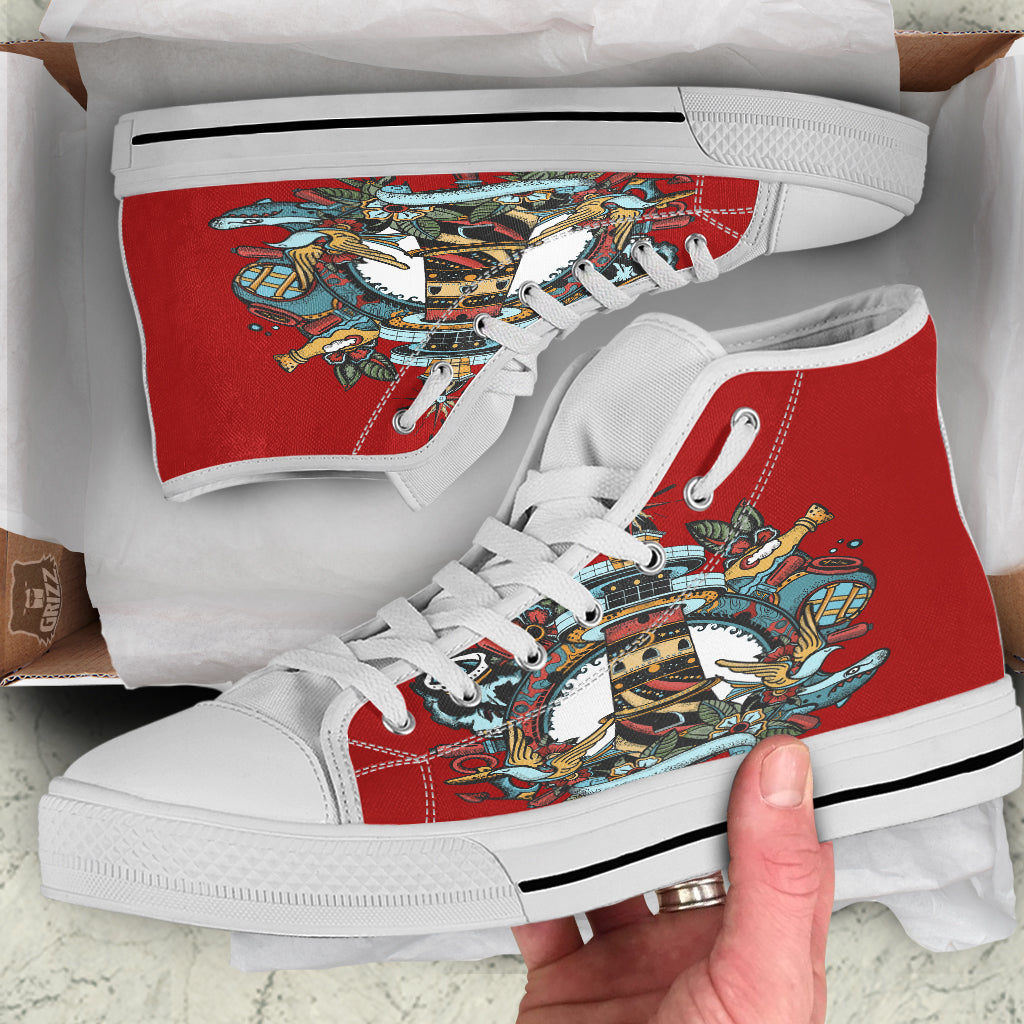Lighthouse Sea Adventure Tattoo Print White High Top Shoes-grizzshop