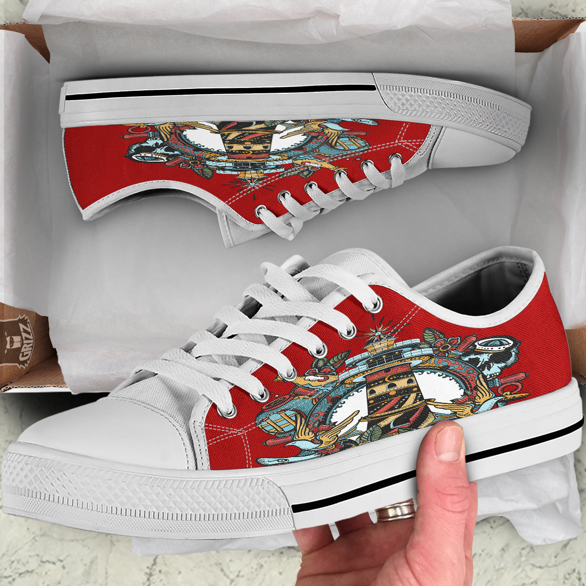 Lighthouse Sea Adventure Tattoo Print White Low Top Shoes-grizzshop
