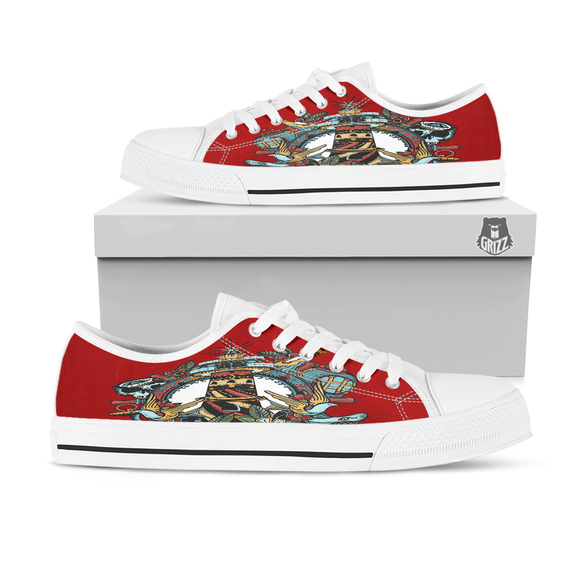 Lighthouse Sea Adventure Tattoo Print White Low Top Shoes-grizzshop