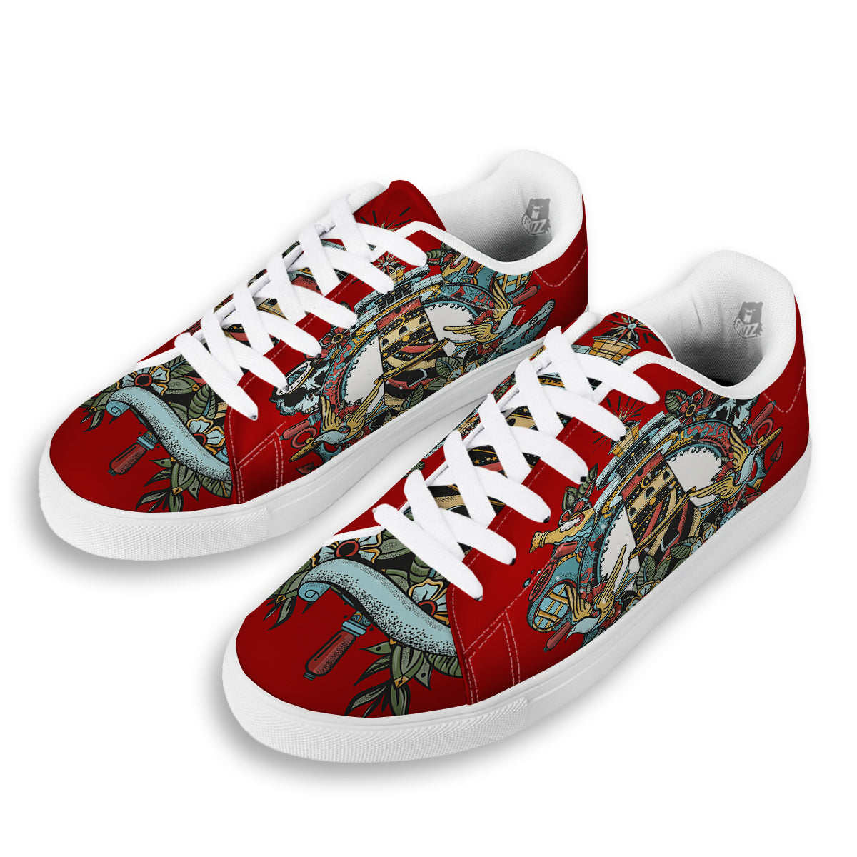 Lighthouse Sea Adventure Tattoo Print White Low Top Sneakers-grizzshop