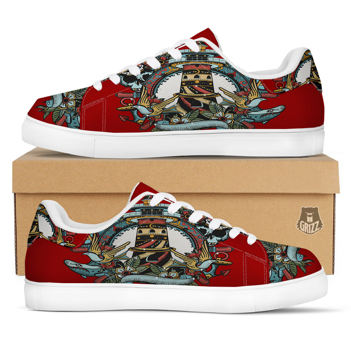Lighthouse Sea Adventure Tattoo Print White Low Top Sneakers-grizzshop