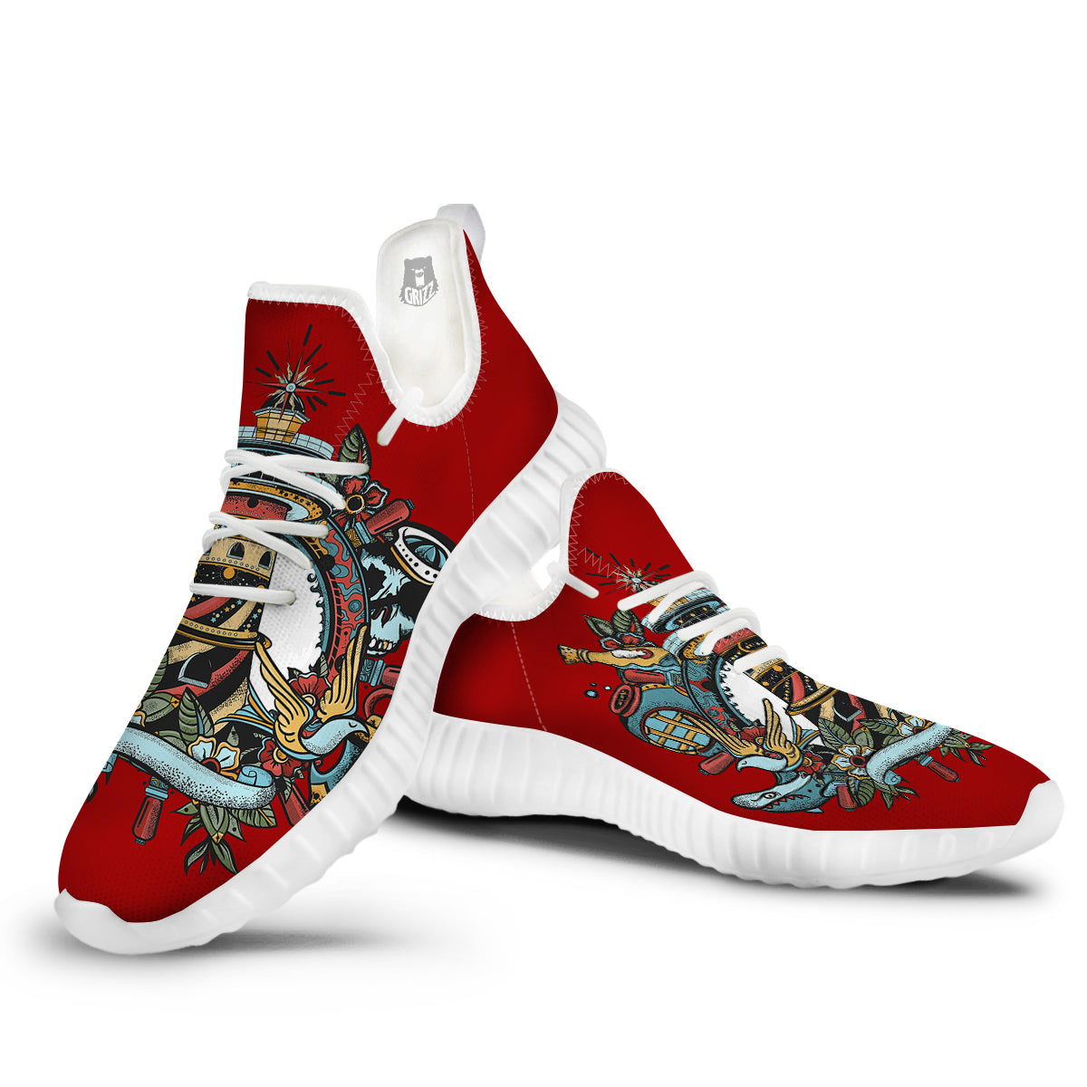 Lighthouse Sea Adventure Tattoo Print White Walking Shoes-grizzshop