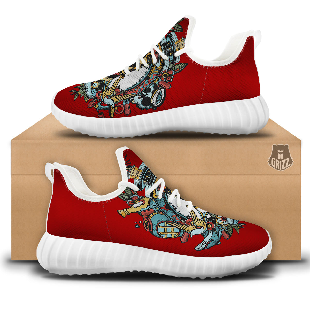 Lighthouse Sea Adventure Tattoo Print White Walking Shoes-grizzshop