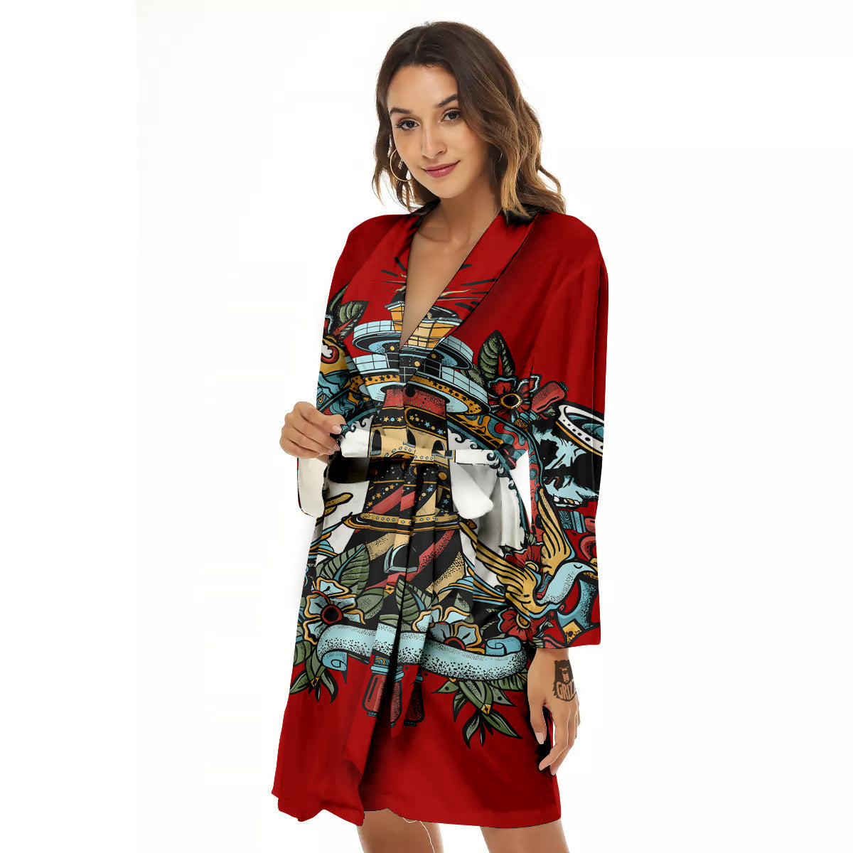 Lighthouse Sea Adventure Tattoo Print Women's Robe-grizzshop