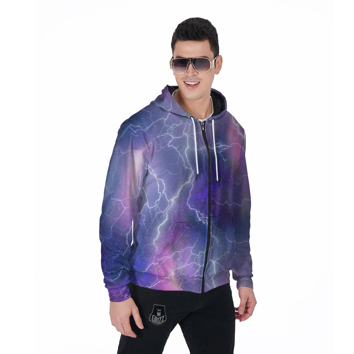 Lightning Aurora Galaxy Space Men's Zip Up Hoodie-grizzshop