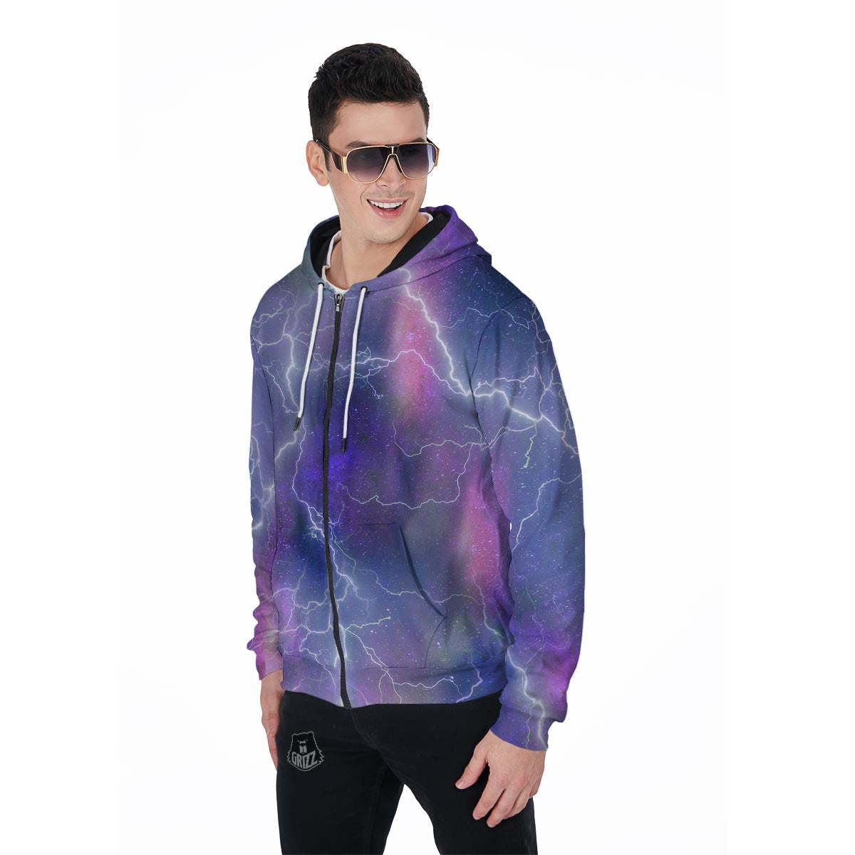 Lightning Aurora Galaxy Space Men's Zip Up Hoodie-grizzshop