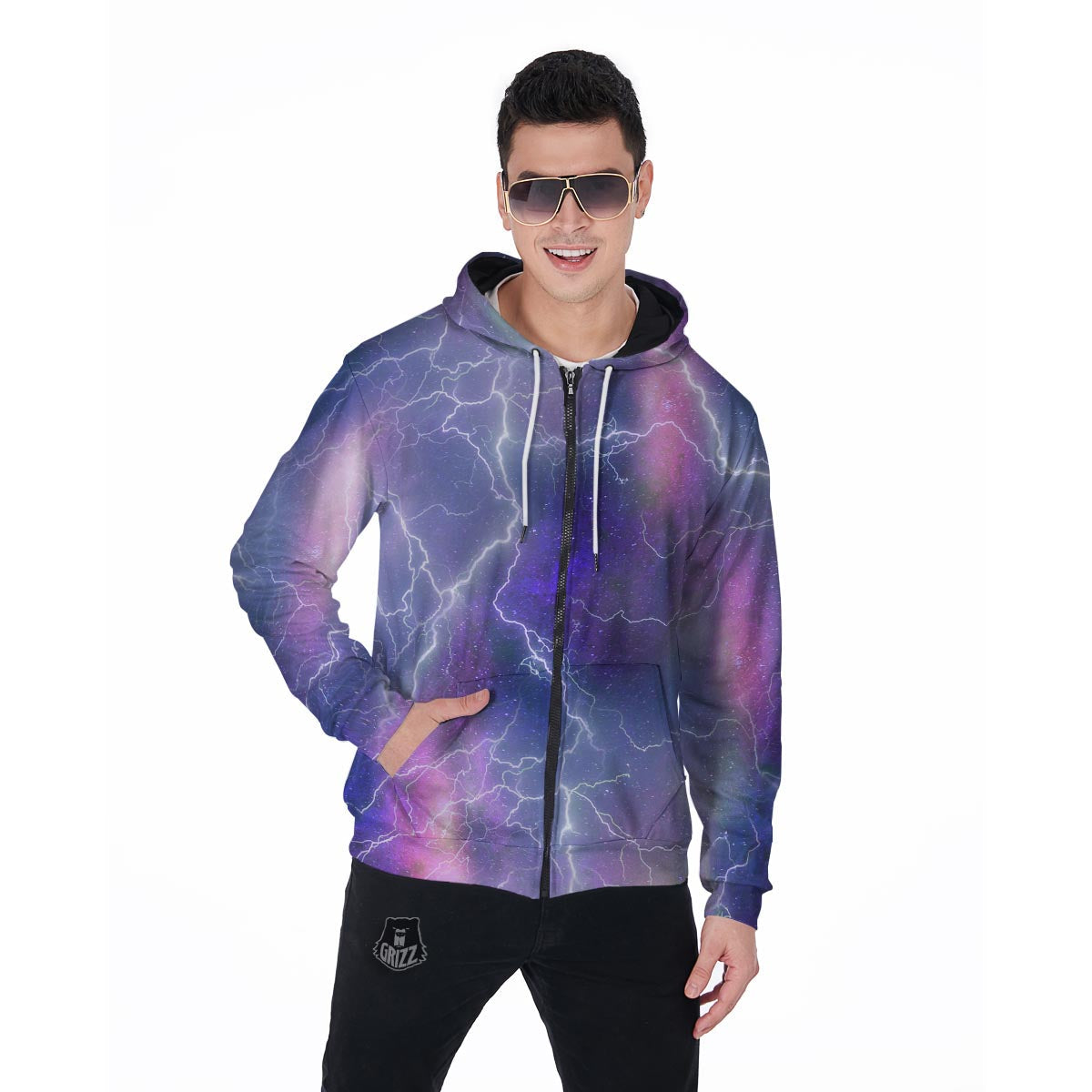 Lightning Aurora Galaxy Space Men's Zip Up Hoodie-grizzshop