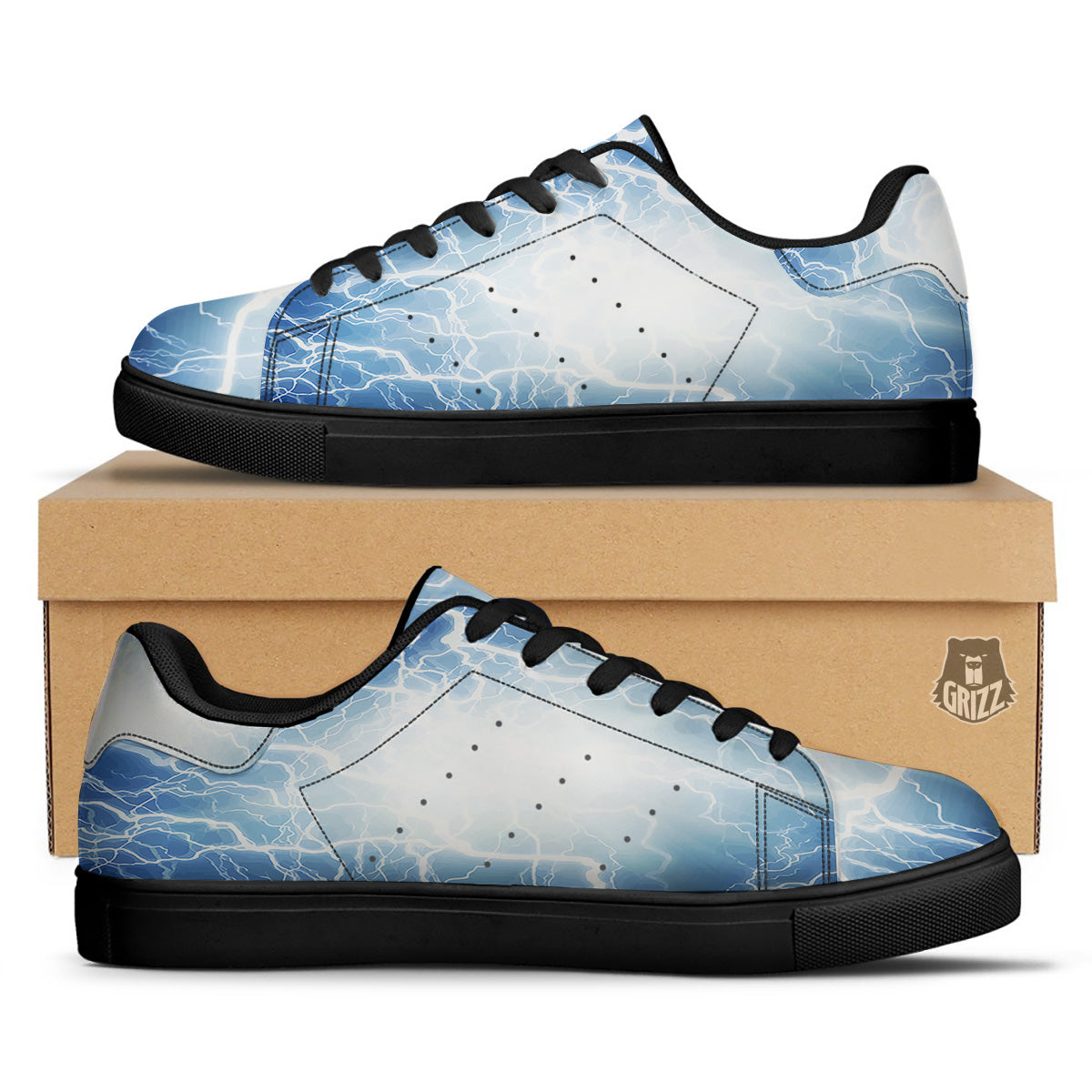 Lightning Blue Print Black Low Top Sneakers-grizzshop