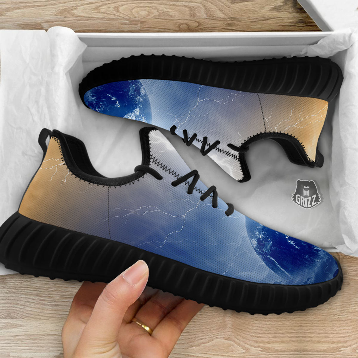 Lightning Destroy Planet Earth Print Black Walking Shoes-grizzshop