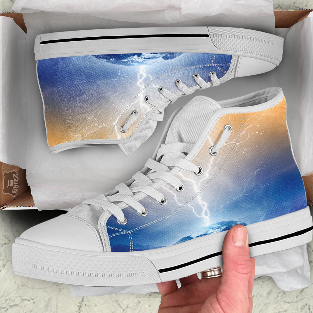 Lightning Destroy Planet Earth Print White High Top Shoes-grizzshop