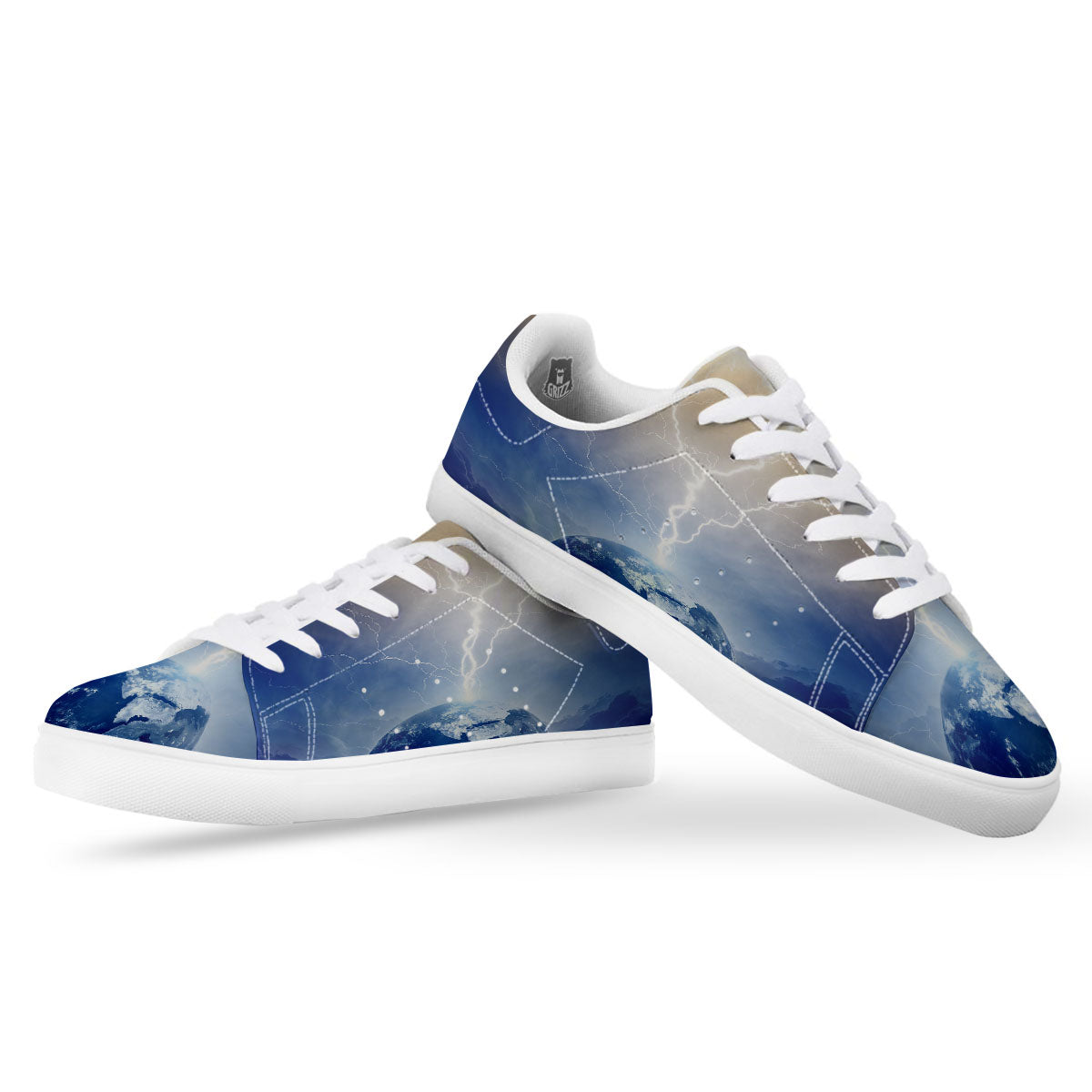 Lightning Destroy Planet Earth Print White Low Top Sneakers-grizzshop
