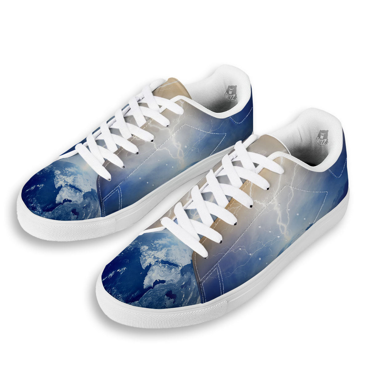 Lightning Destroy Planet Earth Print White Low Top Sneakers-grizzshop