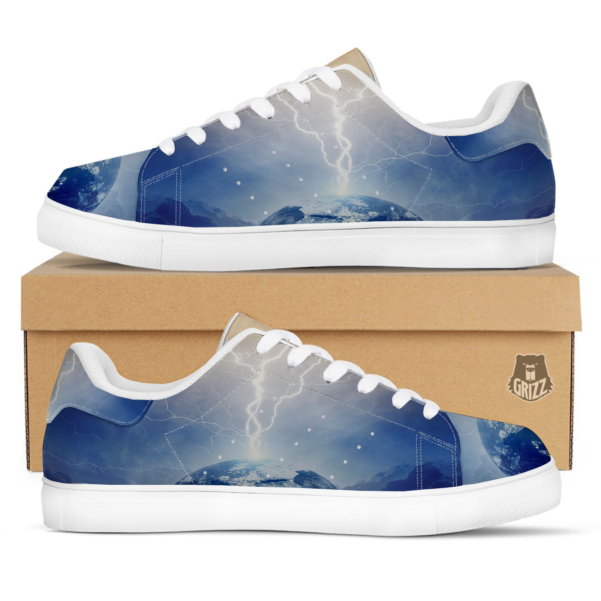 Lightning Destroy Planet Earth Print White Low Top Sneakers-grizzshop