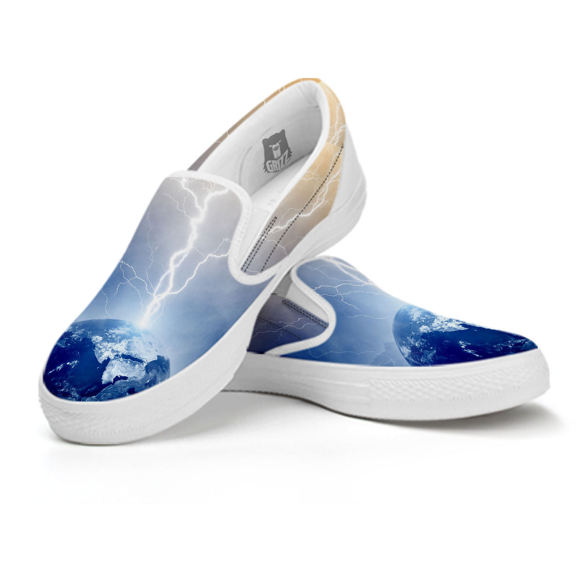 Lightning Destroy Planet Earth Print White Slip On Shoes-grizzshop