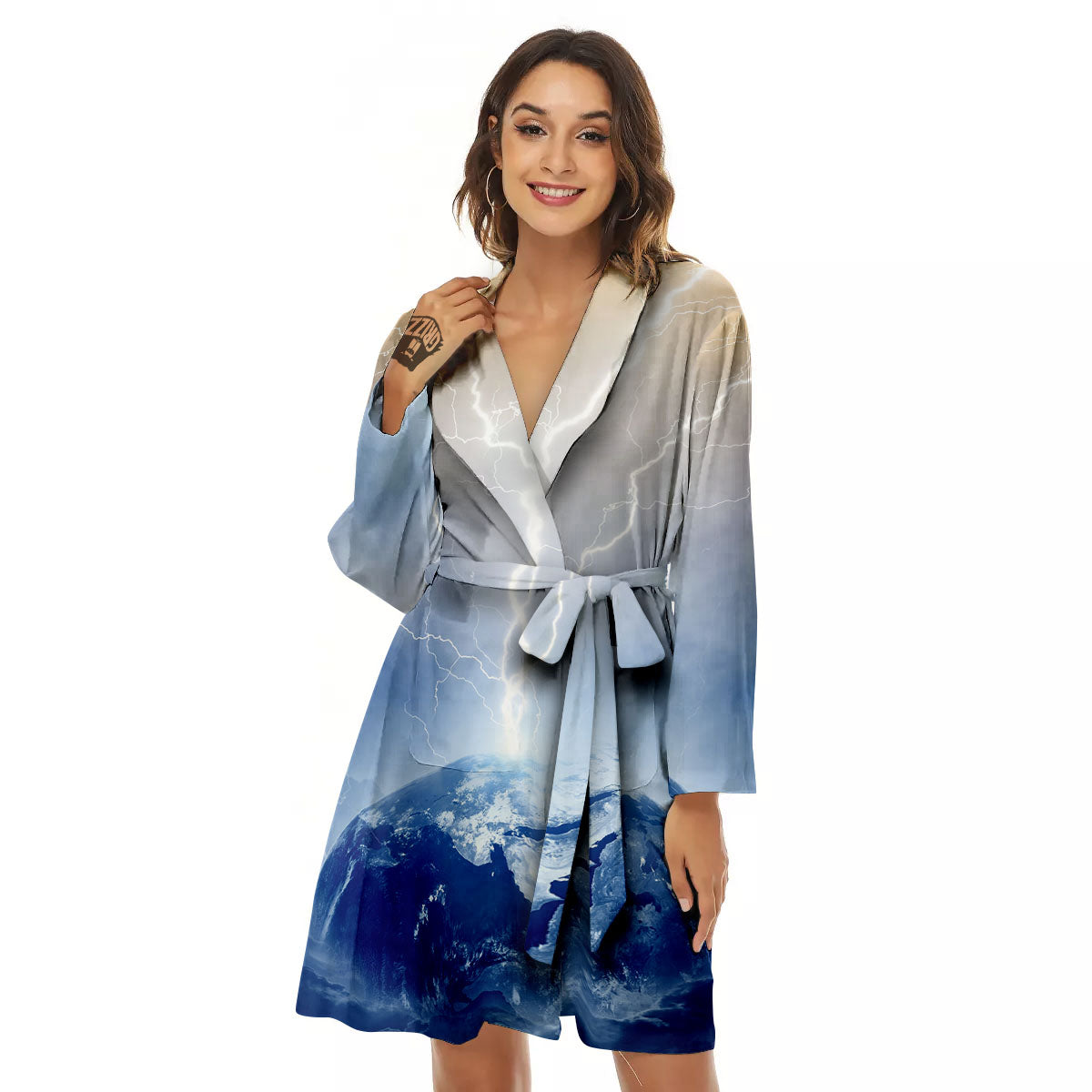 Lightning Destroy Planet Earth Print Women's Robe-grizzshop