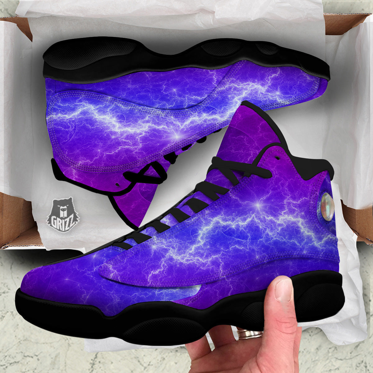 Lightning Purple And Blue Print Black Basketball Shoes-grizzshop