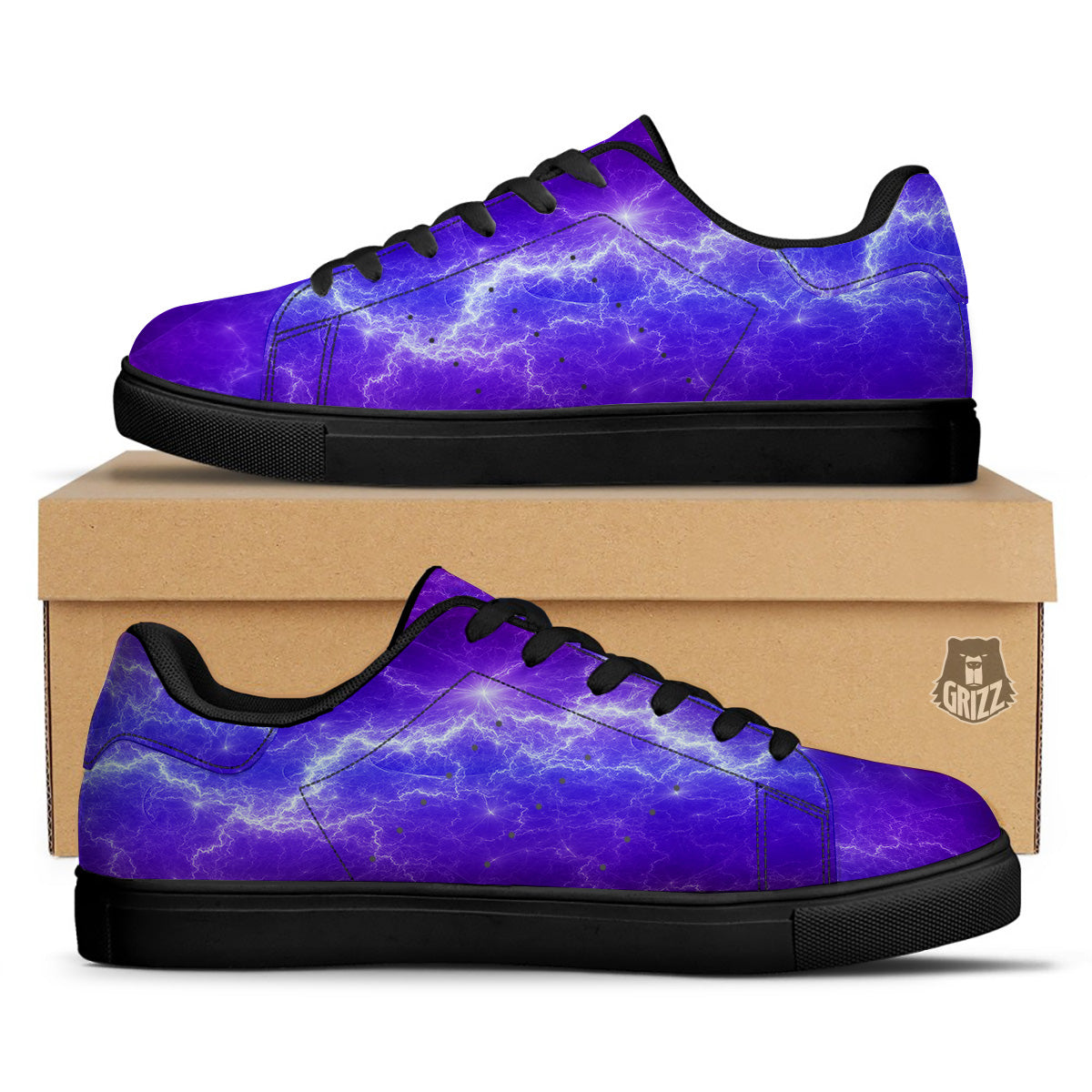 Lightning Purple And Blue Print Black Low Top Sneakers-grizzshop