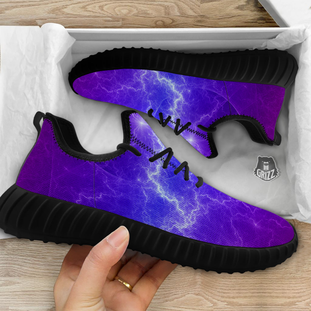 Lightning Purple And Blue Print Black Walking Shoes-grizzshop