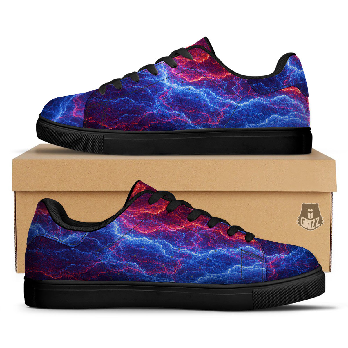 Lightning Red And Blue Print Black Low Top Sneakers-grizzshop