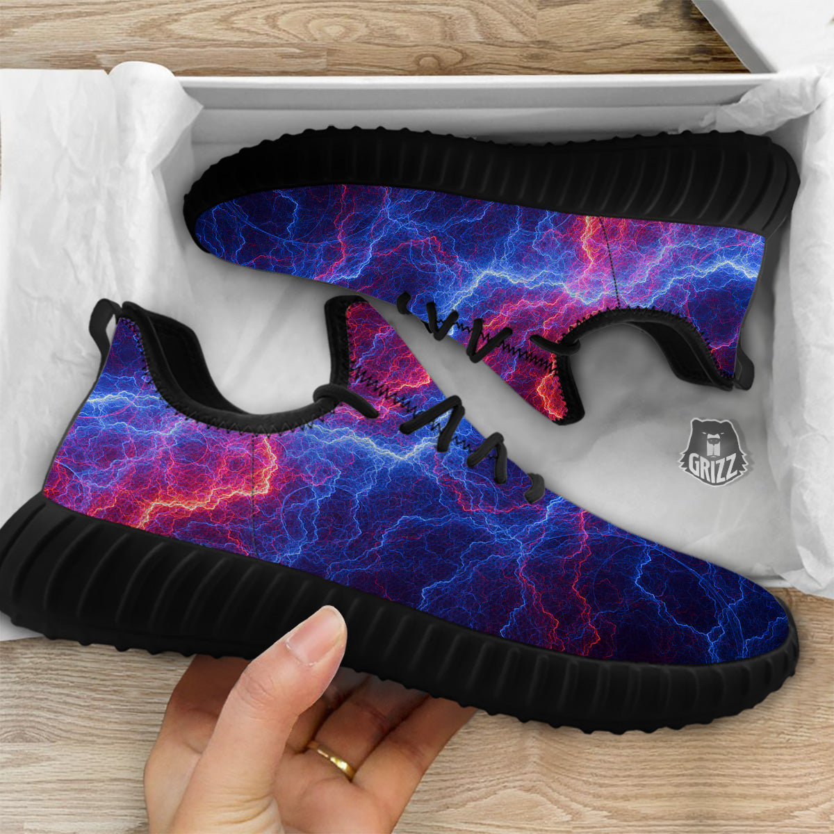 Lightning Red And Blue Print Black Walking Shoes-grizzshop