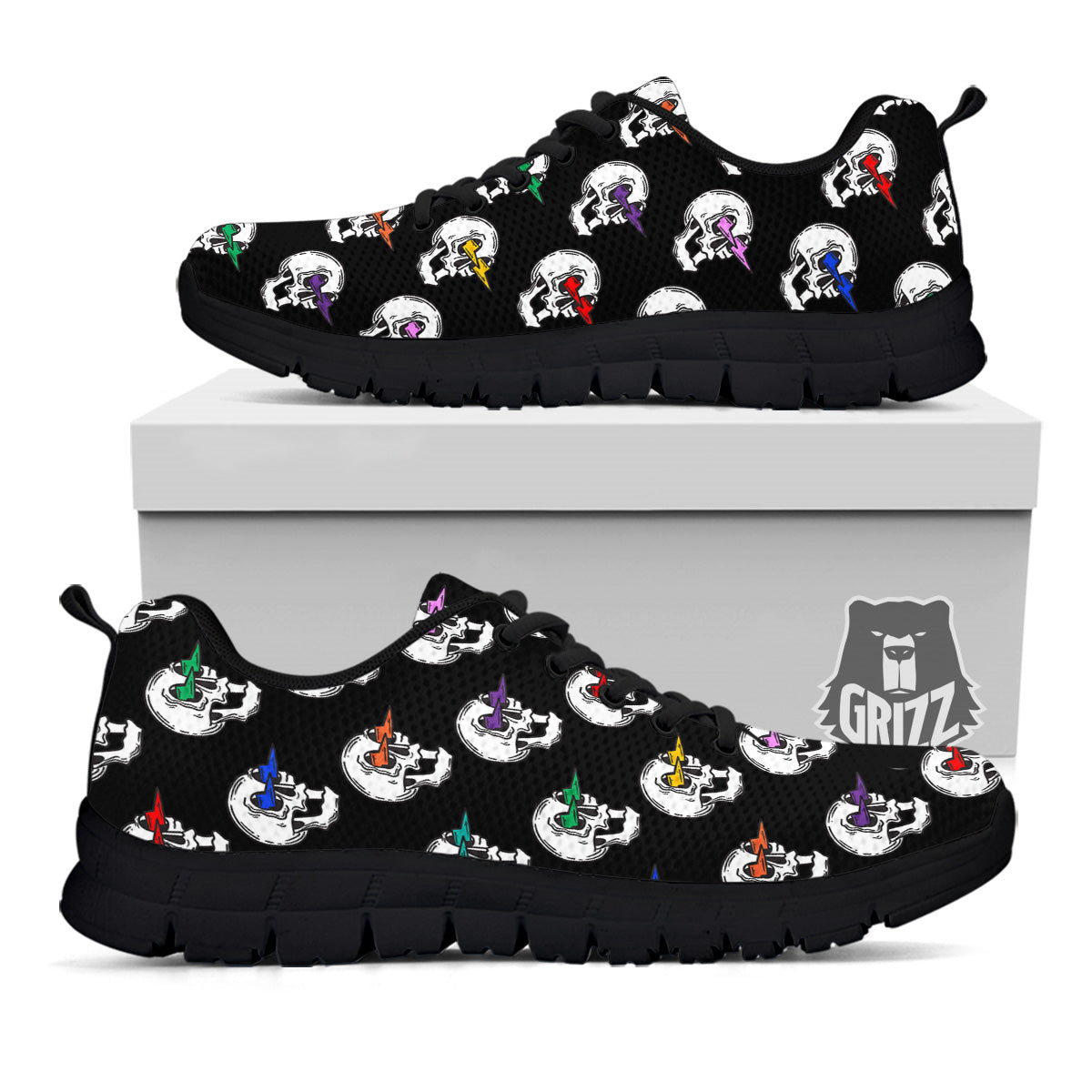Lightning Skull Print Pattern Black Sneaker-grizzshop