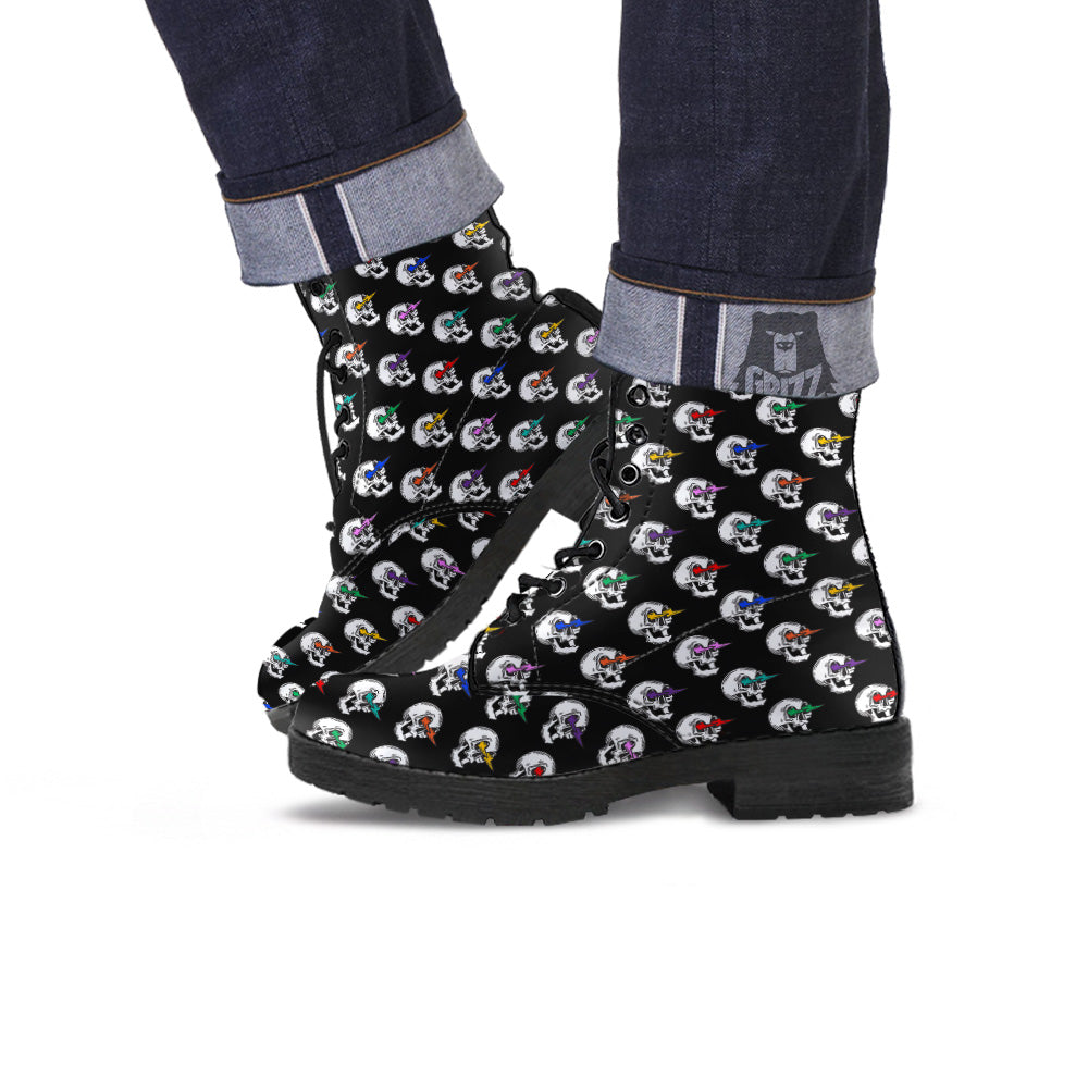 Lightning Skull Print Pattern Leather Boots-grizzshop