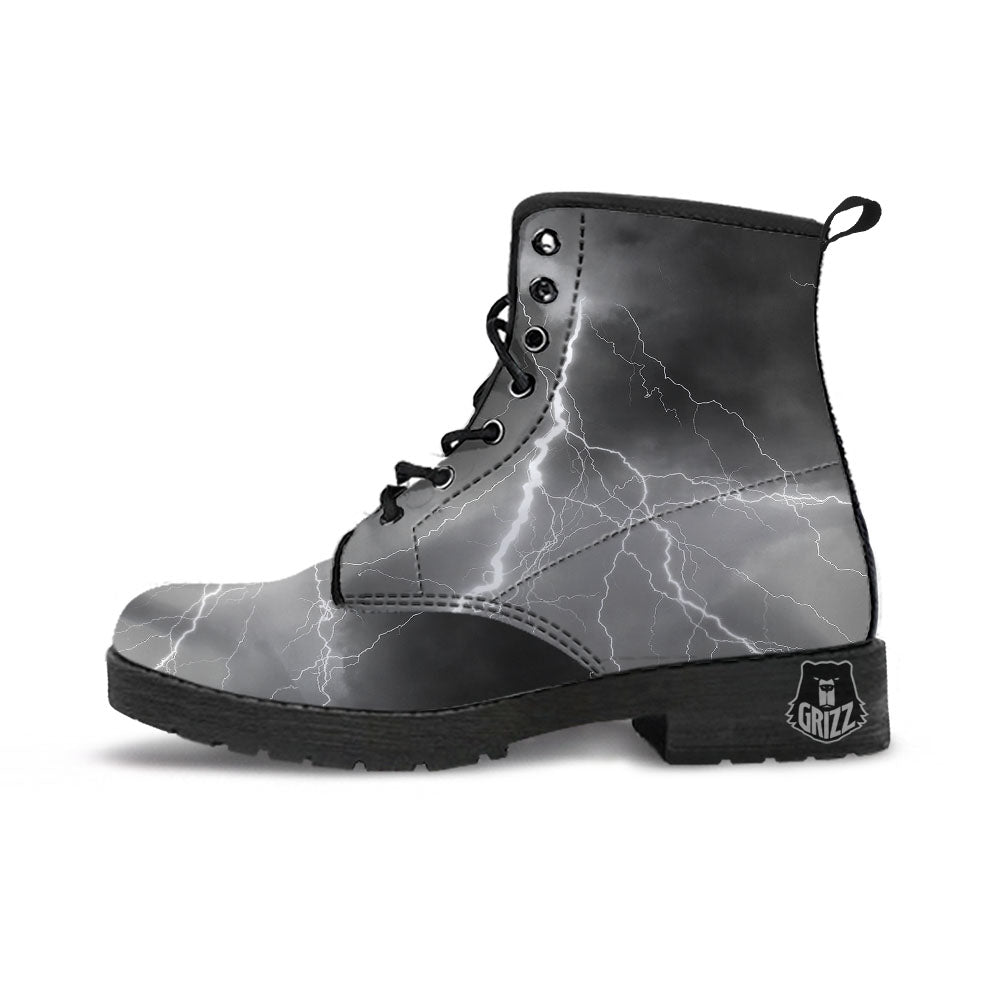 Lightning White Print Leather Boots-grizzshop