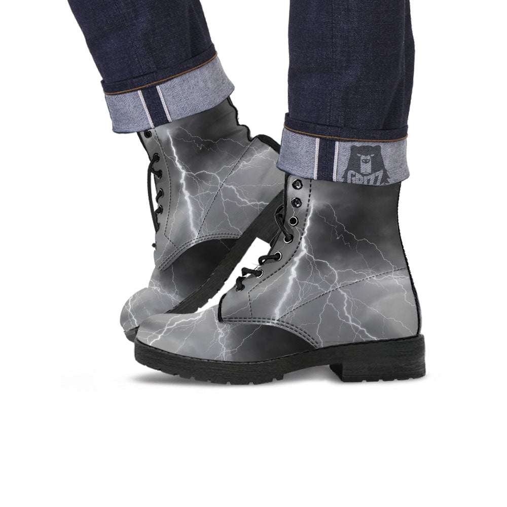 Lightning White Print Leather Boots-grizzshop