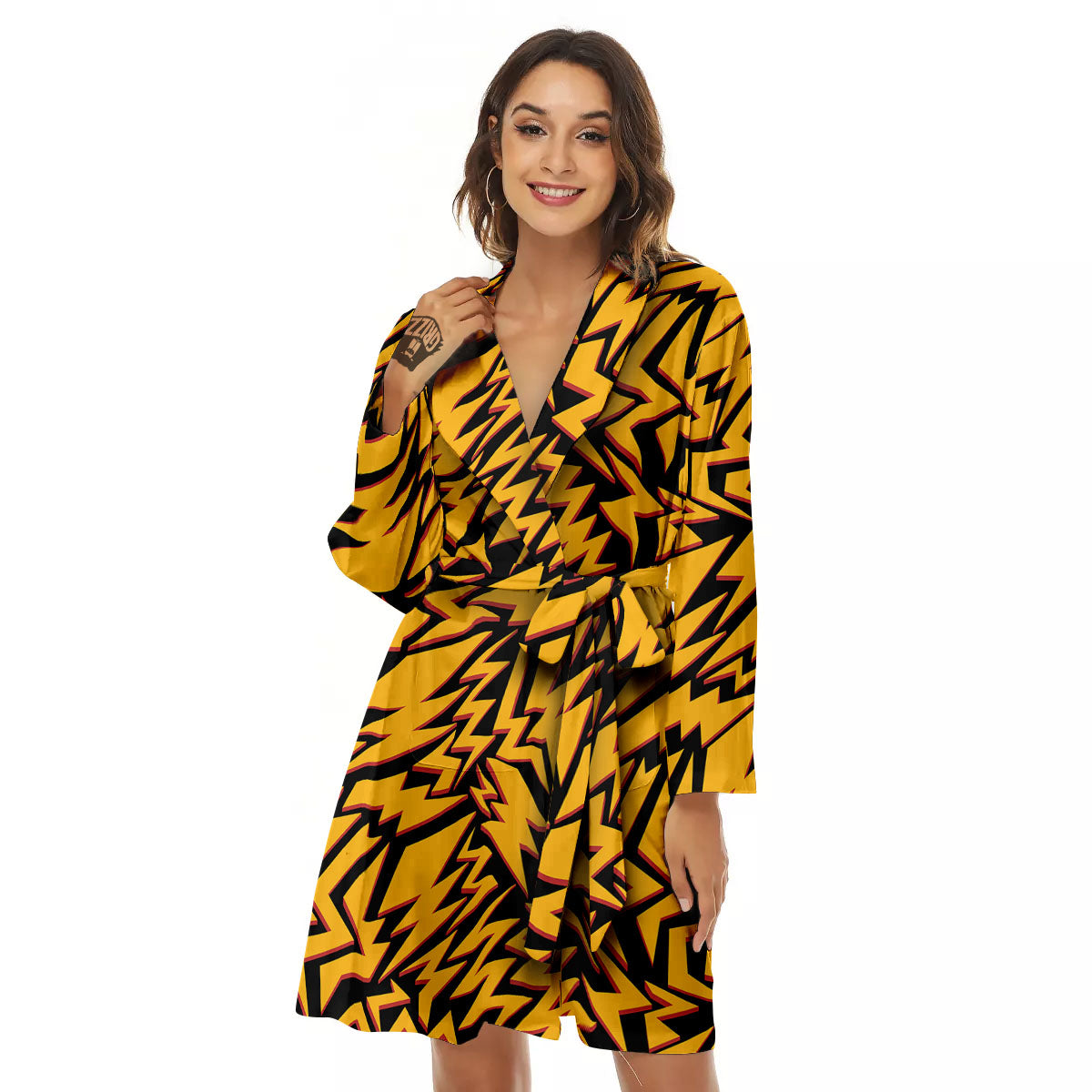 Lightning Yellow And Black Print Pattern Women's Robe-grizzshop
