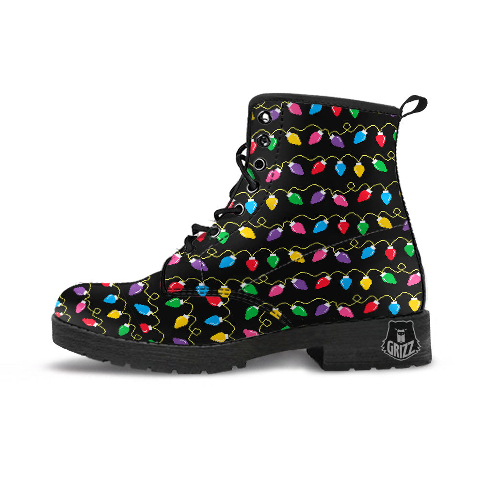 Lights Christmas Pixel Print Pattern Leather Boots-grizzshop