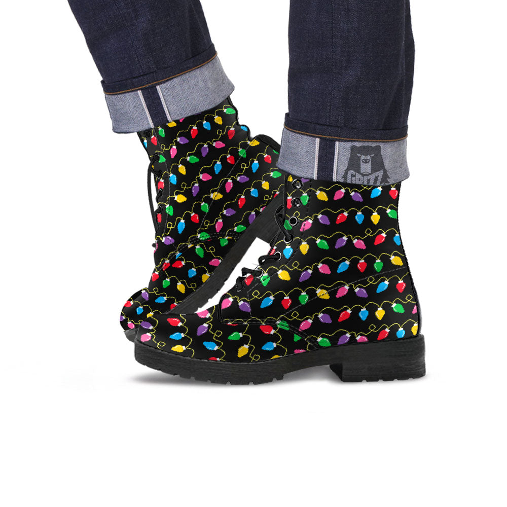 Lights Christmas Pixel Print Pattern Leather Boots-grizzshop