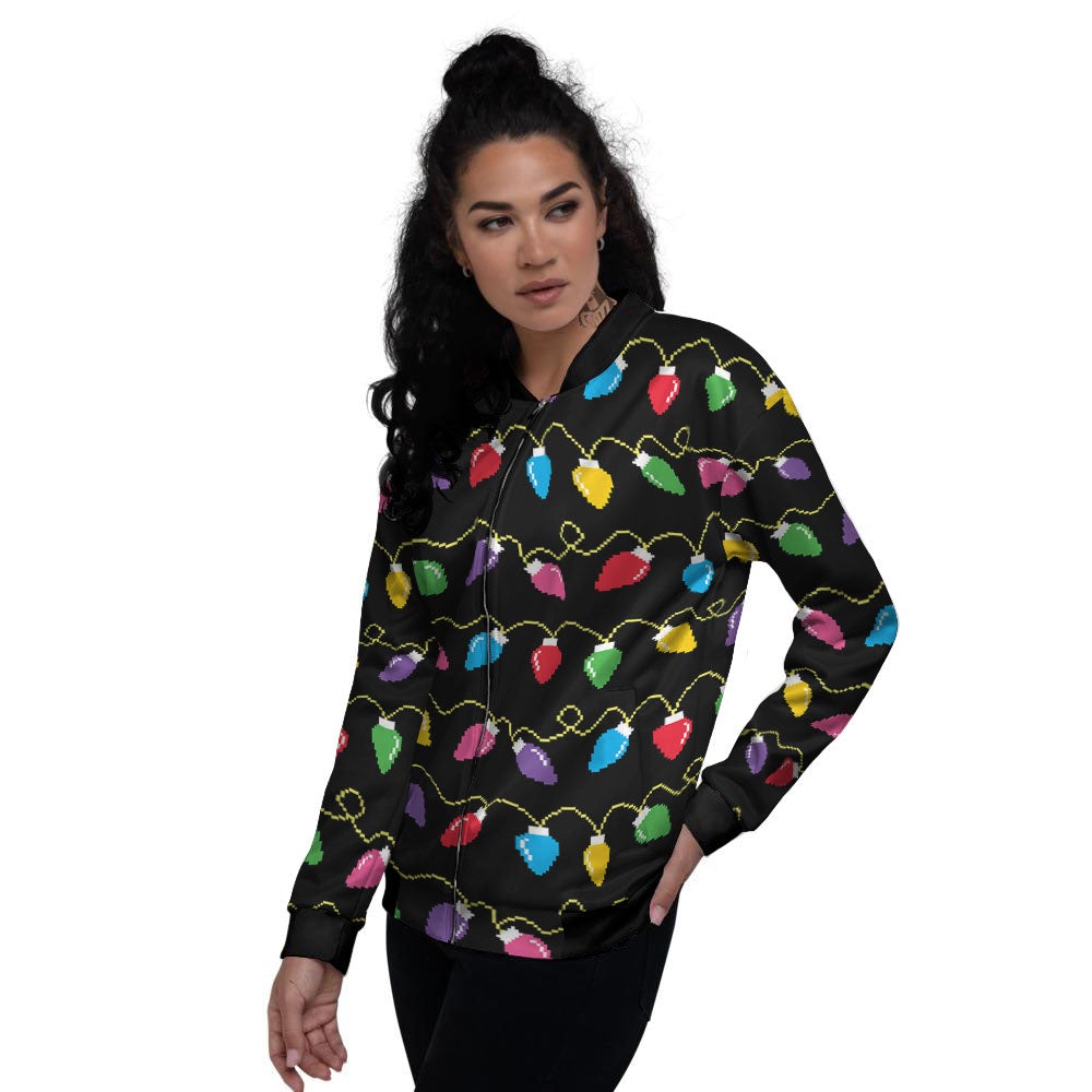 Lights Christmas Pixel Print Pattern Women's Bomber Jacket-grizzshop