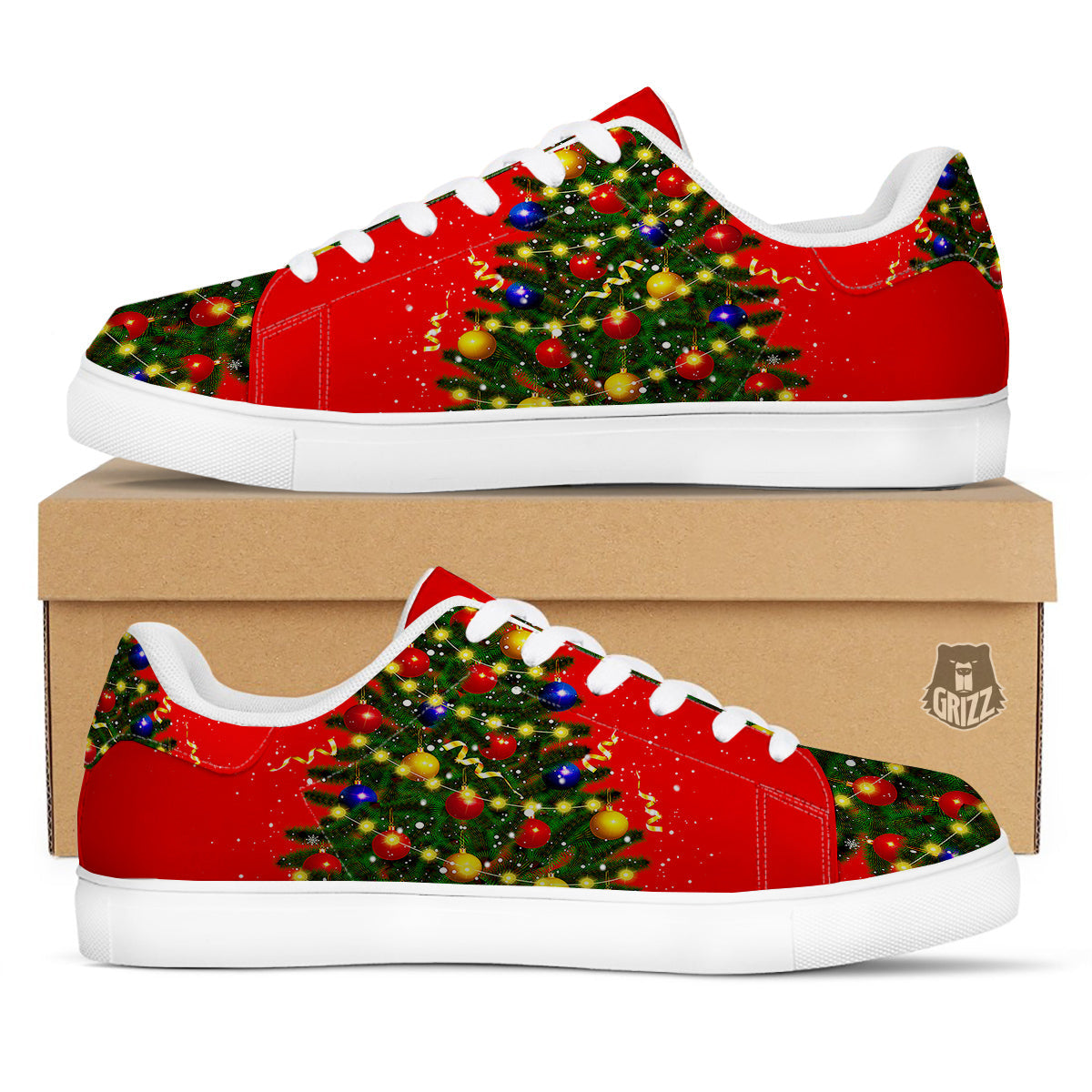 Lights Christmas Tree Print White Low Top Sneakers-grizzshop