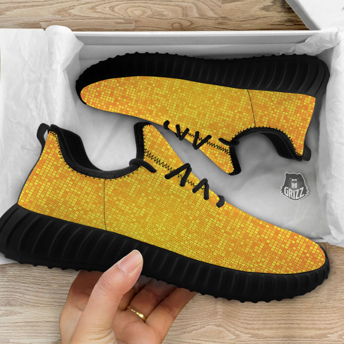 Lights Disco Yellow Print Pattern Black Walking Shoes-grizzshop