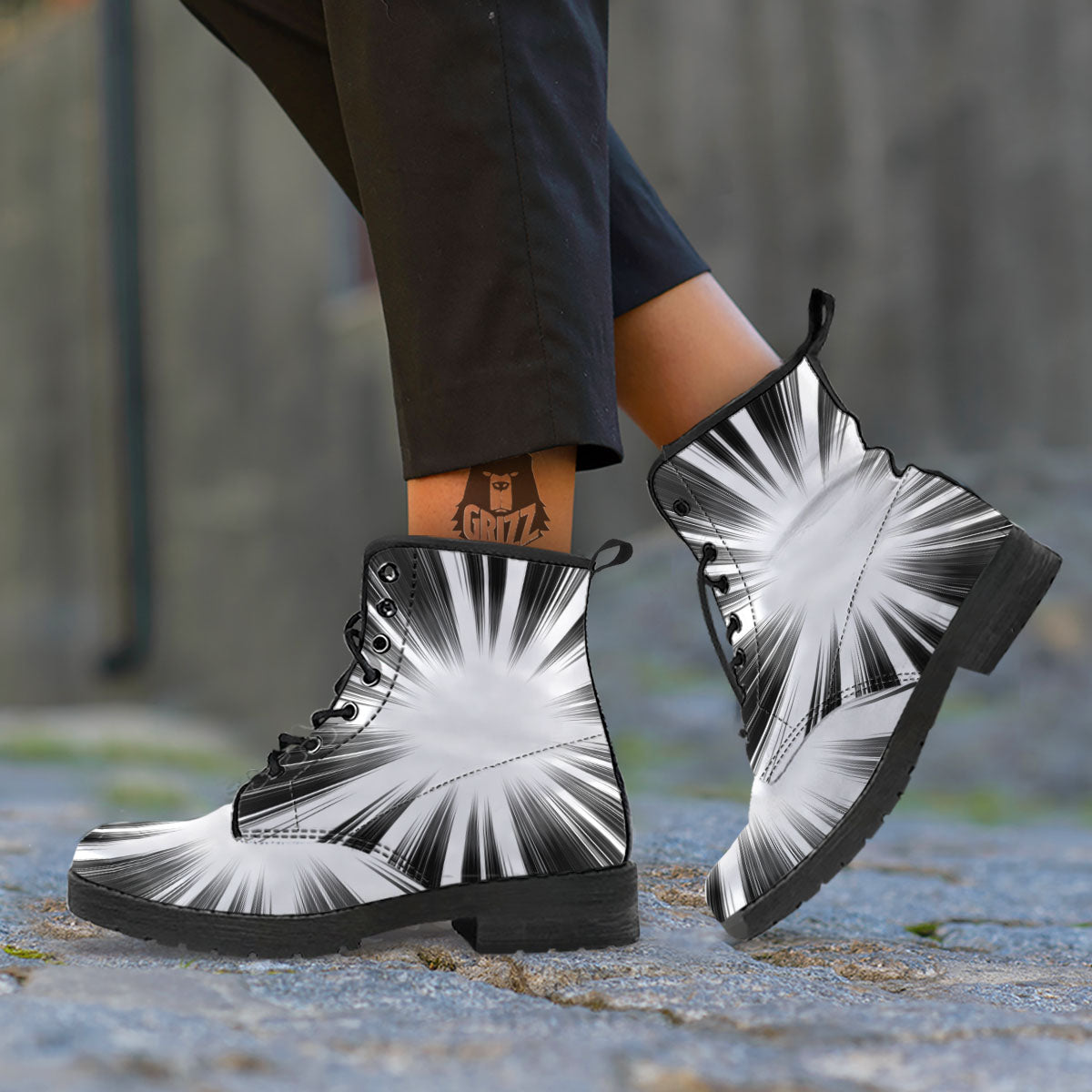 Lightspeed White And Black Print Leather Boots-grizzshop