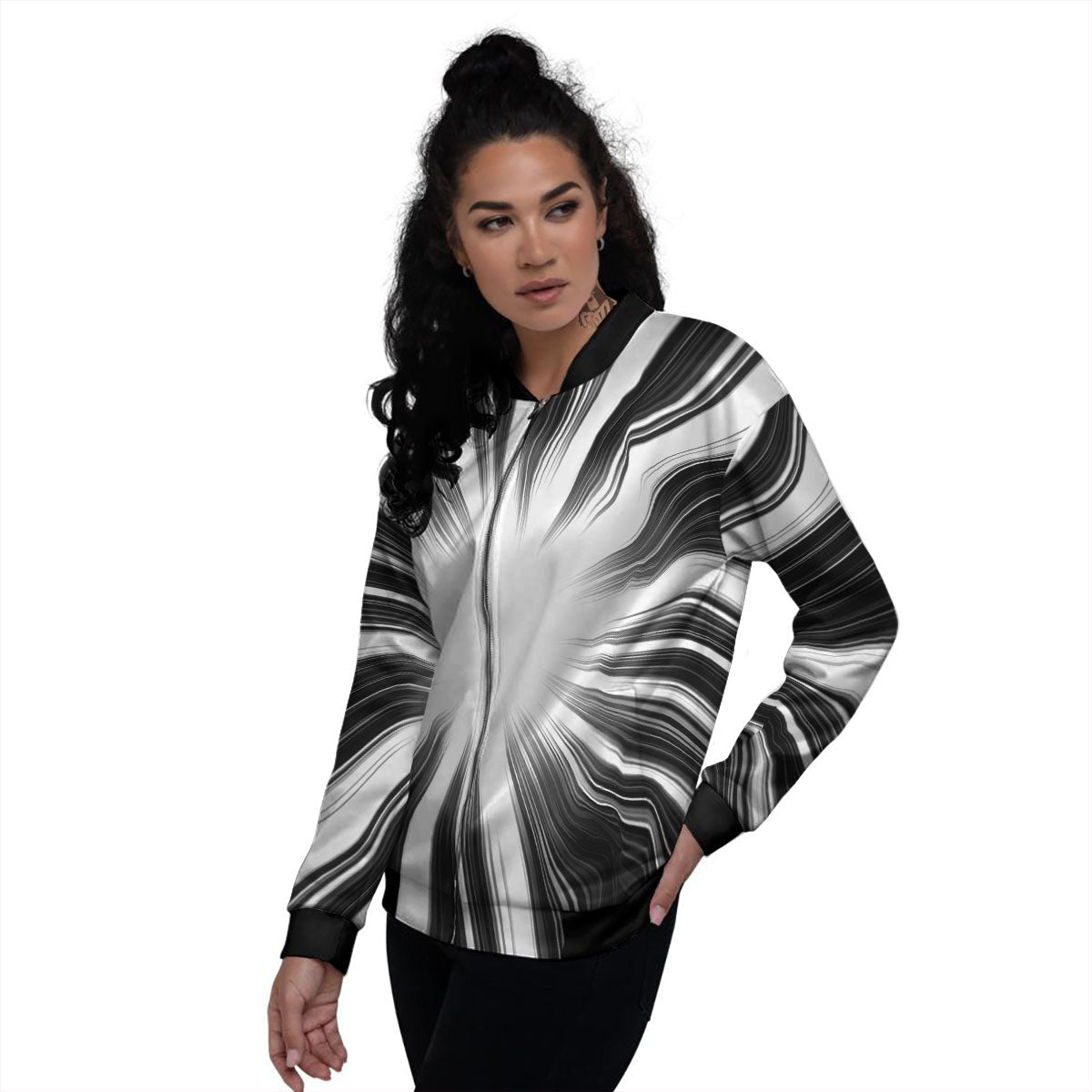 Lightspeed White And Black Print Women's Bomber Jacket-grizzshop