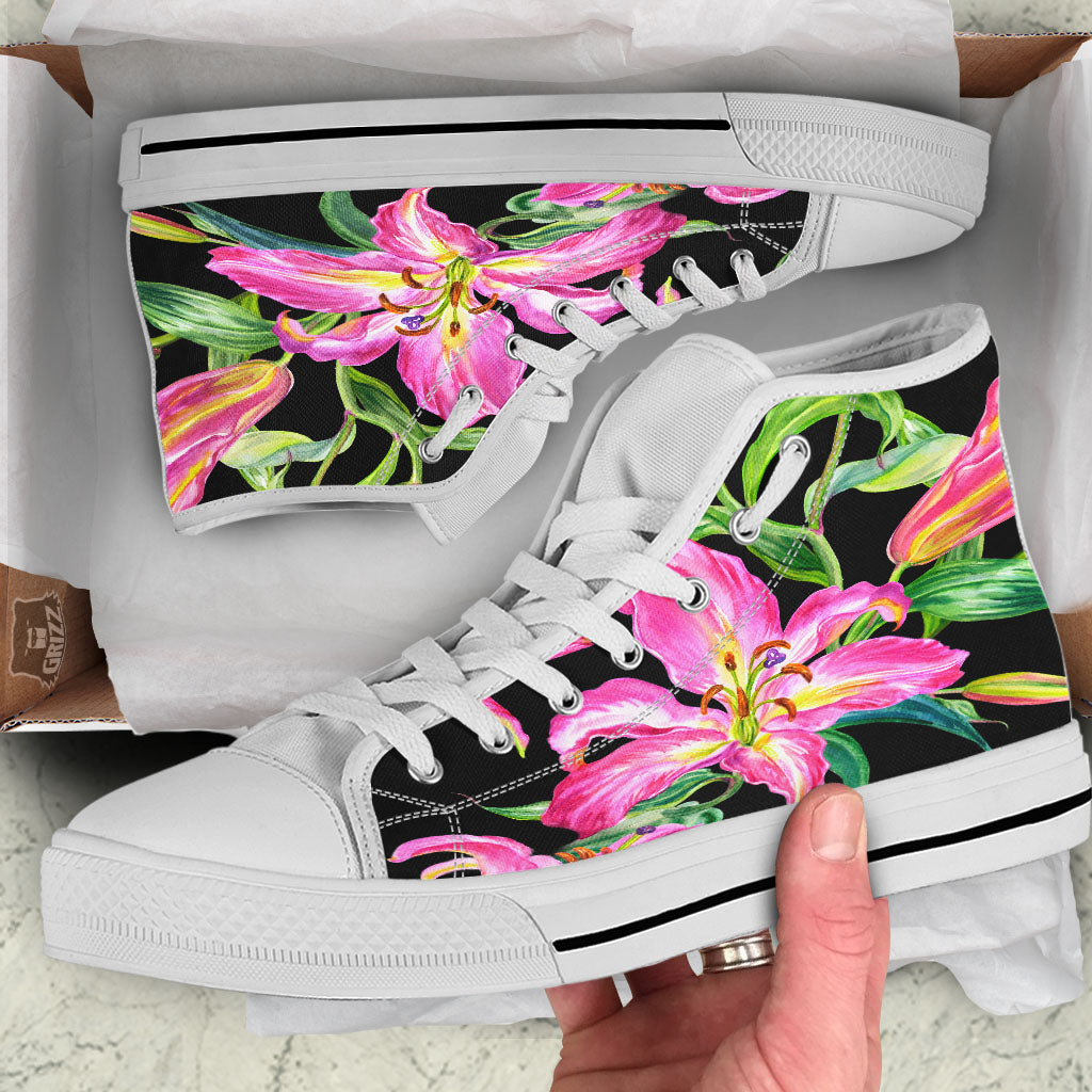 Lilies Pink Watercolor Print White High Top Shoes-grizzshop