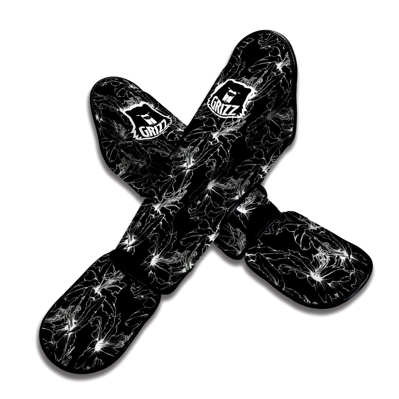 Lily White And Black Print Pattern Muay Thai Shin Guards-grizzshop