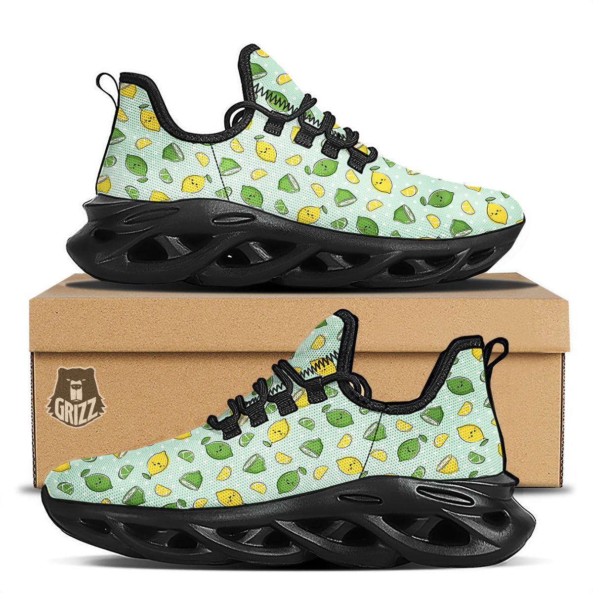 Lime Cute Print Pattern Black Running Shoes-grizzshop