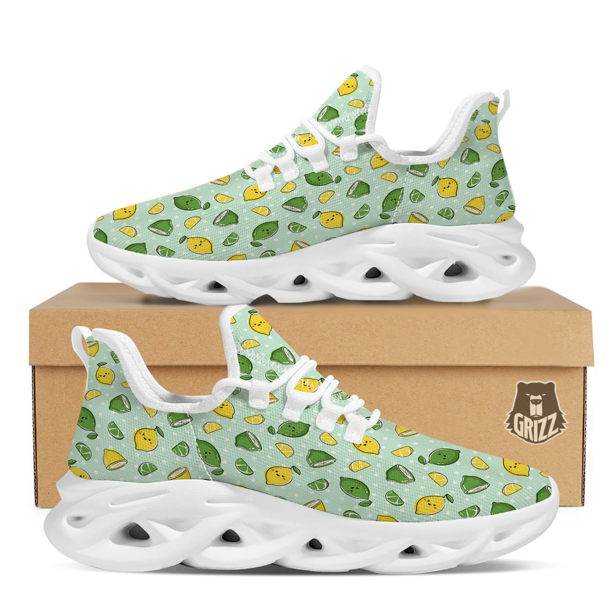 Lime Cute Print Pattern White Running Shoes-grizzshop