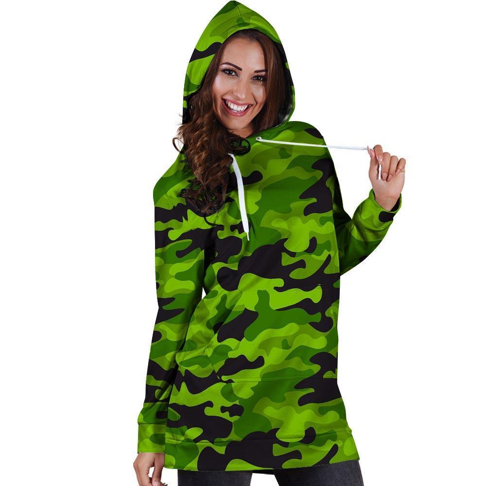 Lime Green Camo Print Hoodie Dress-grizzshop