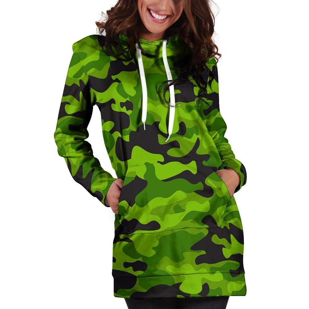 Lime Green Camo Print Hoodie Dress-grizzshop