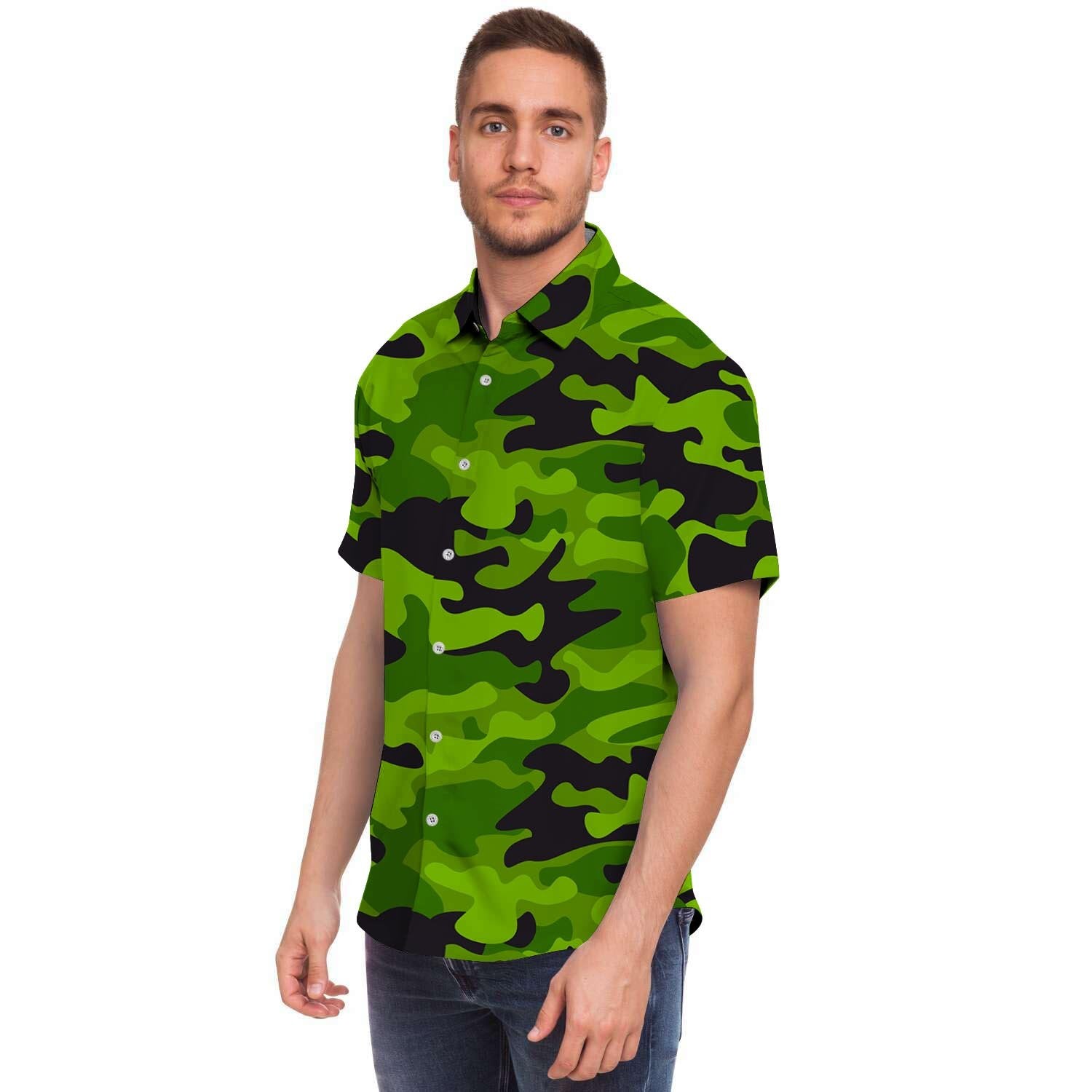 Lime Green Camo Print Men's Short Sleeve Shirt-grizzshop