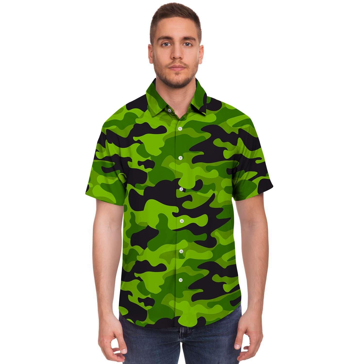 Lime Green Camo Print Men's Short Sleeve Shirt-grizzshop