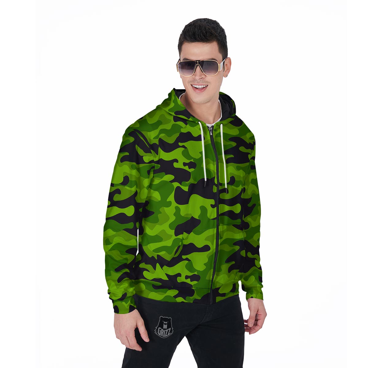 Lime Green Camo Print Men's Zip Up Hoodie-grizzshop