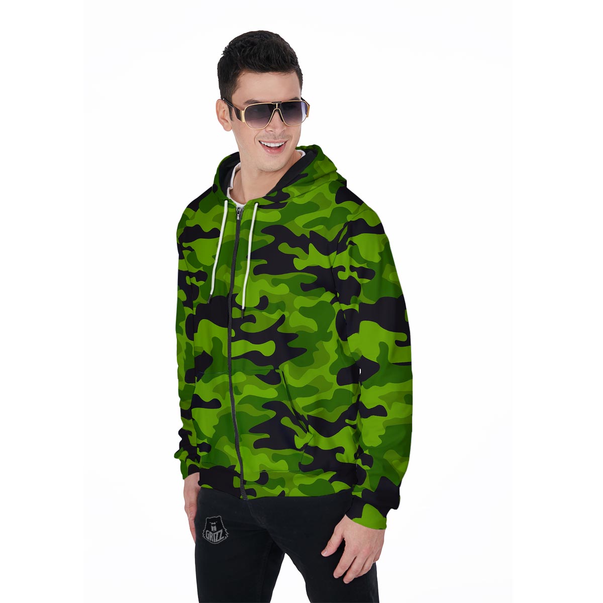 Lime Green Camo Print Men's Zip Up Hoodie-grizzshop