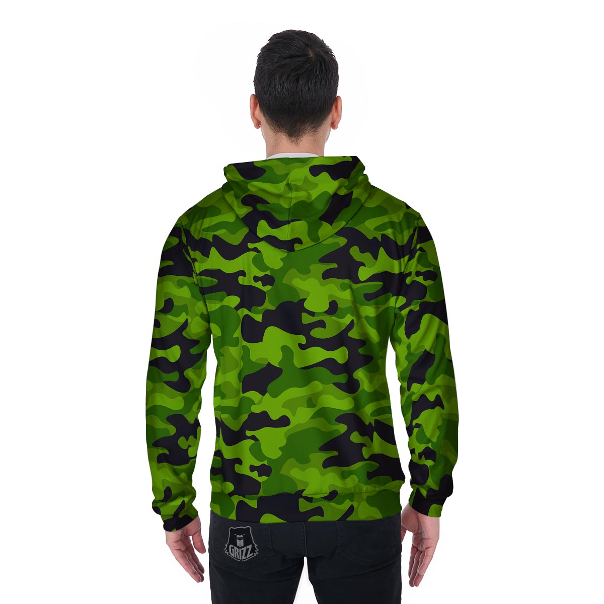 Lime Green Camo Print Men's Zip Up Hoodie-grizzshop