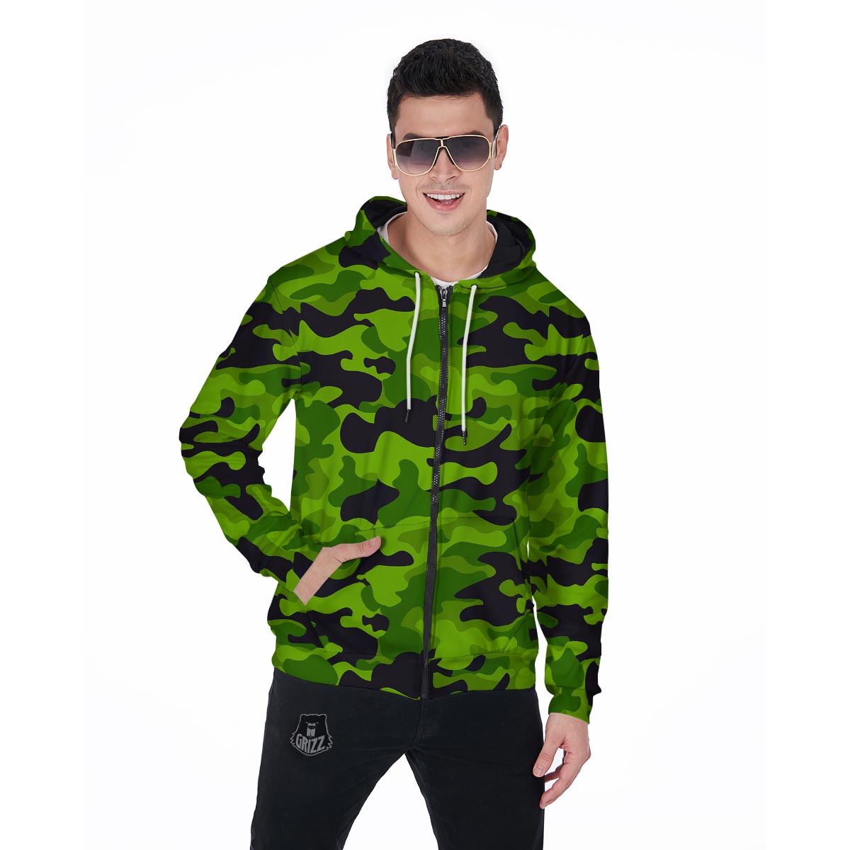 Lime Green Camo Print Men's Zip Up Hoodie-grizzshop