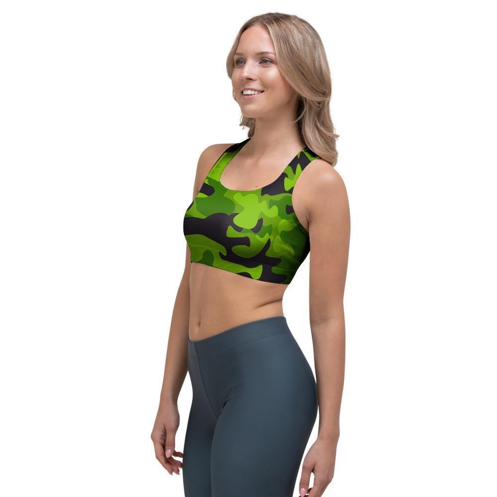 Lime Green Camo Print Sports Bra-grizzshop