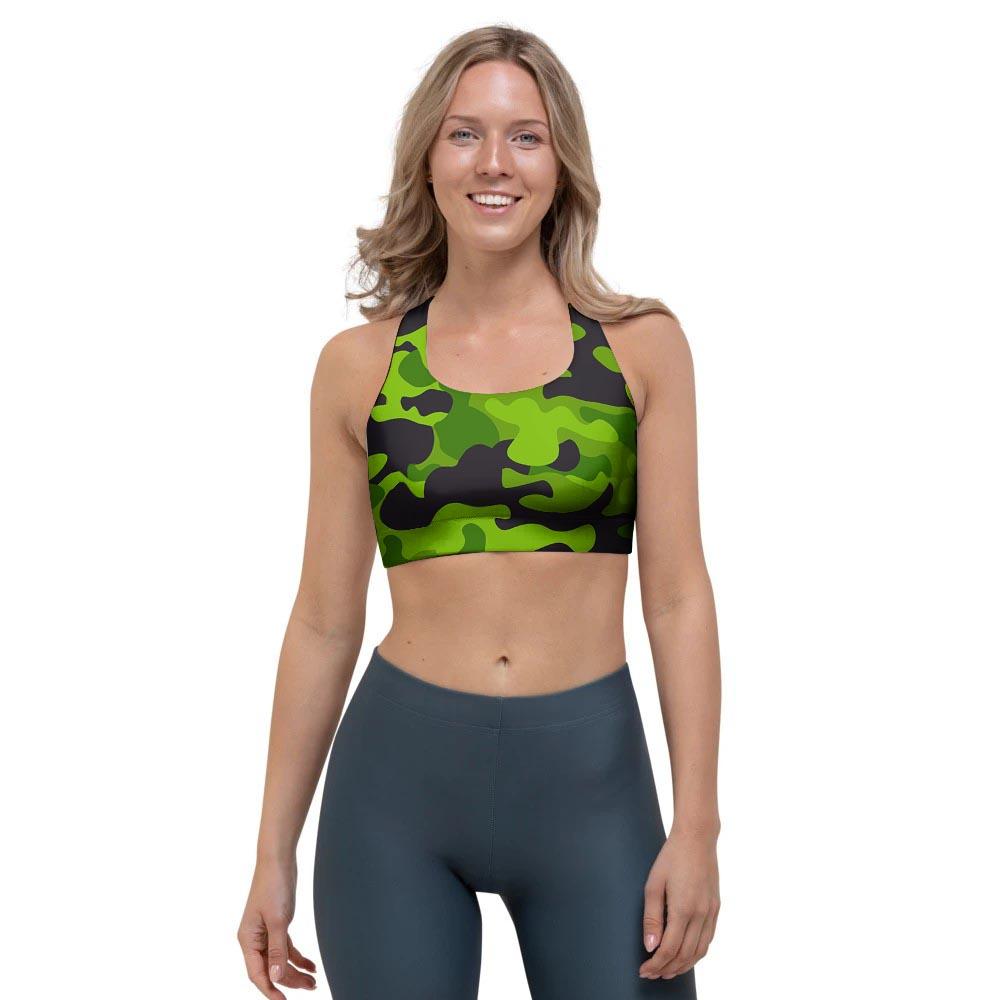 Lime Green Camo Print Sports Bra-grizzshop